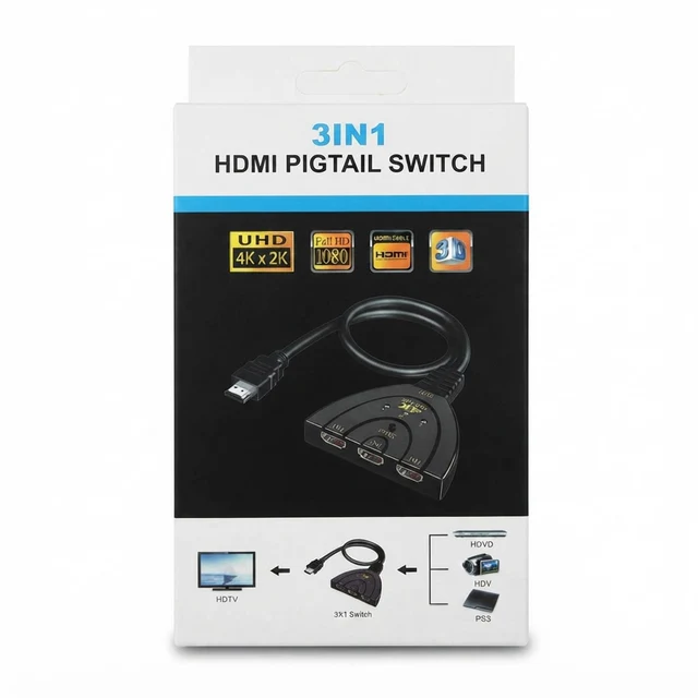 موزع HDMI Pigtail 3 في 1 بدقة 4K Ultra HD - محول 3 منافذ للتلفزيون، PS3، HDVD - شواحن بالجملة Errayhany Grossiste المغرب