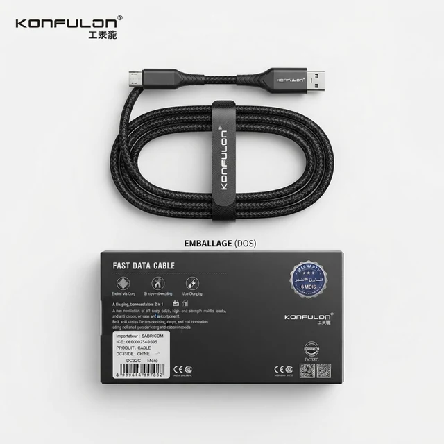 كابل بيانات سريع KONFULON DC32C Micro USB 3.0A - شحن ونقل بيانات 2 في 1 - كابلات بالجملة Errayhany Grossiste المغرب