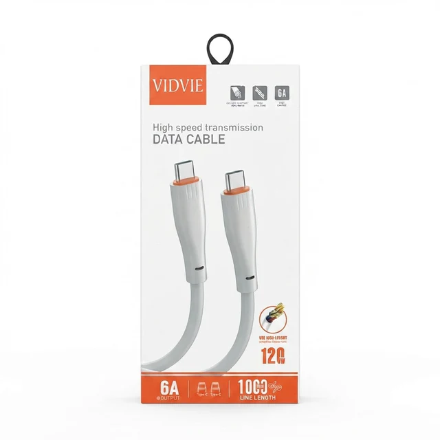 كابل بيانات VIDVIE USB-C إلى USB-C عالي السرعة 6A 120W شحن سريع 1 متر - كابلات بالجملة Errayhany Grossiste المغرب