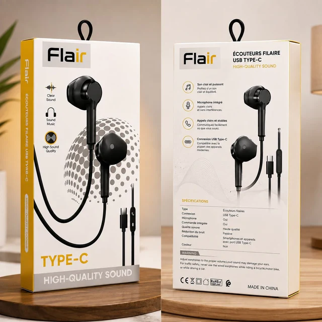 سماعات أذن سلكية USB-C من Flair - صوت واضح وميكروفون مدمج - توافق عالمي - أسود/أبيض - سماعات بالجملة Errayhany Grossiste المغرب