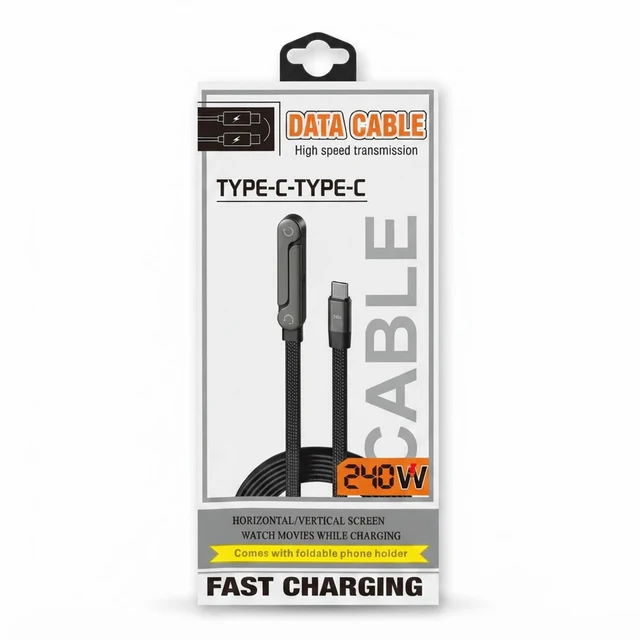 كابل بيانات USB-C إلى USB-C بقوة 240 واط مع حامل هاتف قابل للطي - شحن سريع ونقل بيانات عالي السرعة - كابلات بالجملة Errayhany Grossiste المغرب