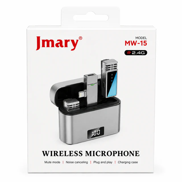 ميكروفون لاسلكي Jmary MW-15 2.4G مع علبة شحن - مثالي للفلوج والبث والمقابلات - ميكروفونات بالجملة Errayhany Grossiste المغرب